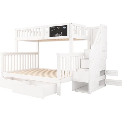 Kinder-Etagenbett Weiß 90x200/140x200 mit Tafel, Schubladen und Stauraumtreppe (1/5)