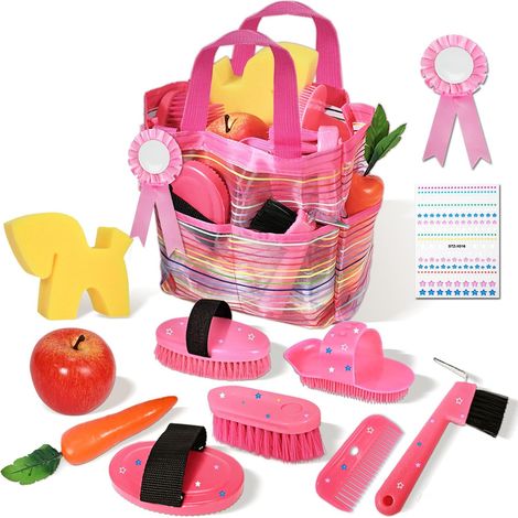 Boite de Pansage Cheval Enfants, 11 Pièces Ensemble de Jouets pour la Maison, Kit de Hobby Horse Accessoire, Kit de Pansage Cheval avec Etrille Cheval pour Cheval Jouet (1/5)