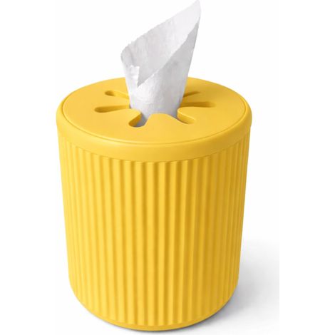 Scatola di fazzoletti gialla con rotolo di carta e organizer scanalato.