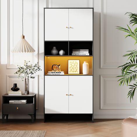 Credenza in truciolare bianco e nero 80 x 40 x 185 cm con 4 ante, 3 vani aperti e ripiani regolabili
