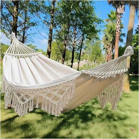 JSSEVN - Hamaca de tela trenzada con forma de cola de pez y borlas para acampar al aire libre y para patios, capacidad de peso de 200 kg. (1/5)