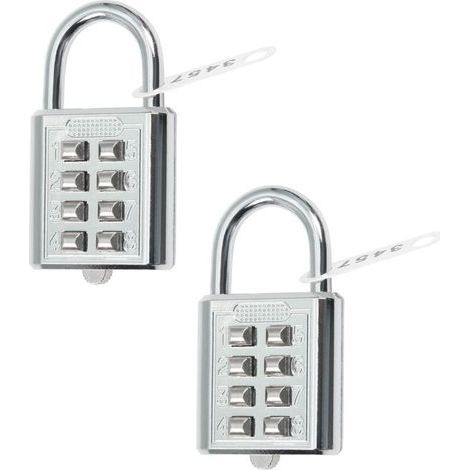 Set mit 2 Vorhängeschlössern (35 x 65 mm) mit 8-stelliger Zahlenkombination für Fitnessstudios, Schulen und den privaten Gebrauch. Geeignet für Spinde im Außenbereich, Zäune und Lagerräume. Silberfarb (1/4)