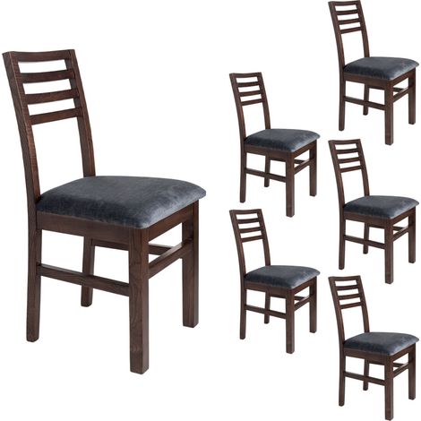 Lot de 6 chaises en hêtre chêne foncé assise tissu gris - LOUISE