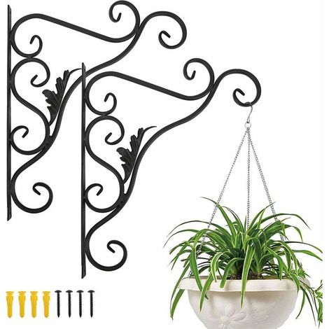Balkon-Wandpflanzenhalter, 2er-Set, Retro-Blattform, schmiedeeiserner Haken zum Aufhängen von Laternen und Körben, inklusive Schrauben, Außendekoration für Garten und Balkon – Schwarz lackiert