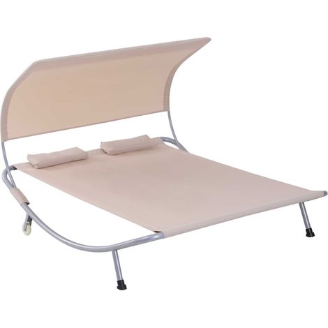 Bain de soleil 2 places sable – Toit réglable, 2 roulettes, 2 oreillers, acier polyester (1/5)