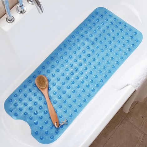 Tapis de bain antidérapant, adapté aux baignoires et salles de douche, 100 x 40 cm, tapis de douche extra long, tapis de bain lavable en machine (bleu clair transparent). (1/5)
