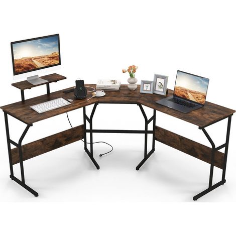 Bureau d'angle en forme de l 225 x 48 x 91 cm avec support écran amovible et multiprise intégrée style rustique en bois d'ingénierie marron
