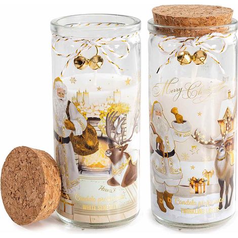 Candele profumate di Natale in barattolo vetro con decorazioni Babbo Natale e renne, coperchio di sughero, set da 4 pezzi, Ø 6 cm x 14,5 H