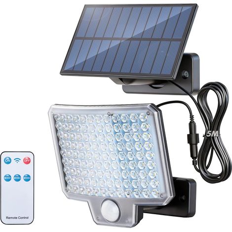 Faretti solari da esterno con sensore di movimento, 3 modalità di illuminazione e telecomando, impermeabili, ideali per giardino, cortile o vialetto.