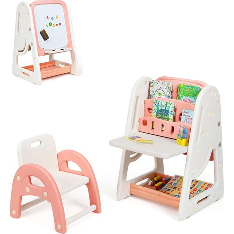 Costway – Tableau magnétique enfant double face avec bureau pliable – Hauteur réglable 71-100 cm – Étagère à livres et accessoires inclus – HDPE (1/4)
