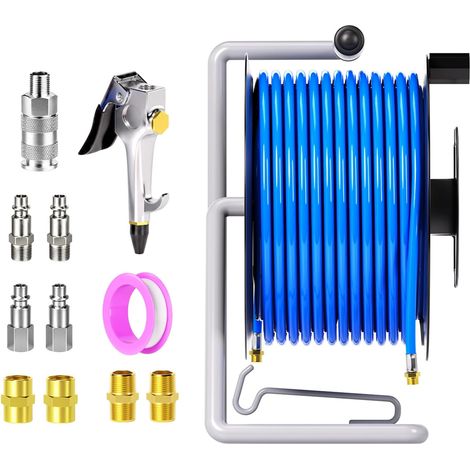 1/2" x 20M Dévidoir Tuyau Pneumatique avec Raccords 1/4" BSP Kit complet pour atelier, réparation auto, tuyau rétractable, système pneumatique. (1/5)