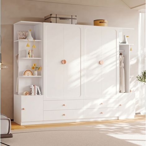 Armadio guardaroba 270x45x200 cm, 6 ante, 4 appendiabiti, 4 cassetti, MDF legno massello acciaio bianco (1/5)