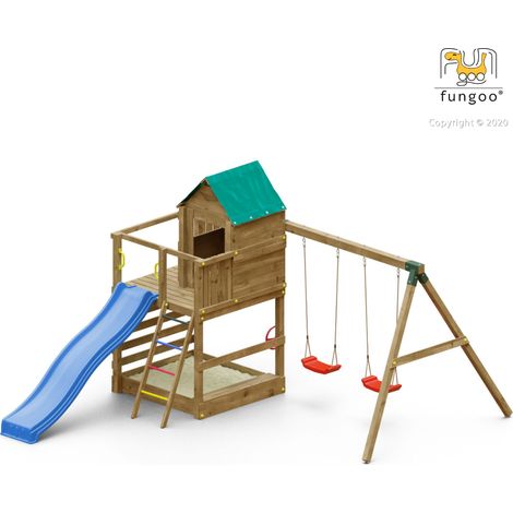 Fungoo Spielturm "Jarcas 4", teak, mit Doppelschaukel, Rutsche, Sandkasten, Holzdach und Leiter (1/5)