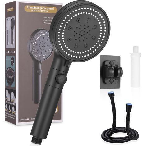 Anti-Kalk-Duschkopf, Filter-Duschkopf, Hochdruck-Duschkopf mit 1,5 m Brauseschlauch und Halterung, 6 Strahlarten, Badezimmer-Duschkopf, Schwarz