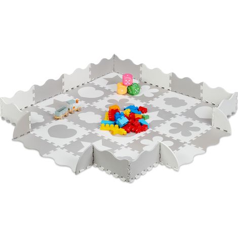 Tappeto puzzle Relaxdays 52 pz, schiuma EVA atossica, 1,4 m², tappeto gioco con bordo, motivi assortiti, grigio/bianco