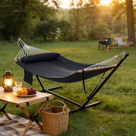 WOLTU Hängematte Doppelhängematte mit Gestell Seitentasche Kissen, Hängeliege belastbar bis 250 kg, für 2 Personen, für Garten Terrasse Balkon Camping, Anthrazit