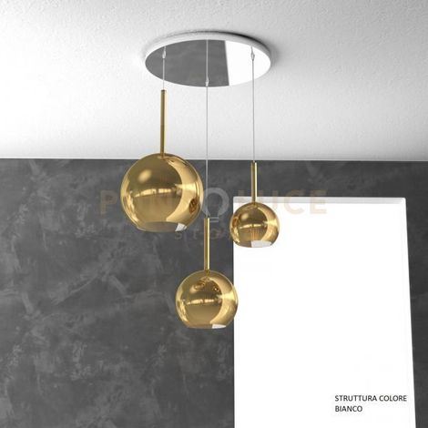 SOSP. BIANCO TONDA 3 LUCI VETRI (1 GRANDE+1 MEDIO+1 PICCOLO) TUTTI ORO 1155BI-S3 TMIX-OR