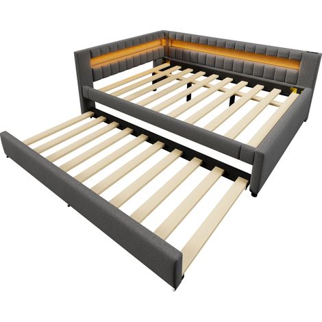 (=WX001041AAE) Lit de jour, lit banquette, canapé-lit, 140200cm, lit avec bande lumineuse LED à télécommande en bout de lit, lit gigogne sans matelas, USB + TYPE-C, lin, gris (1/5)