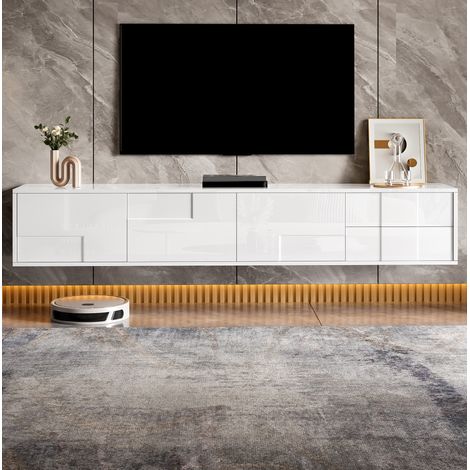 Meuble TV bas 170x30x30,5 cm blanc en MDF et panneau de particules, finition laquée brillante sans poignées (1/5)