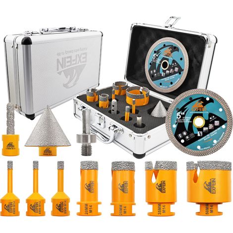 Foret Diamant Carrelage Kit - 10 pièces(6/6/8/20/25/35/50mm+10mm Fraise+50mm Mèches Chanfrein Biseautées+Adaptateur+125mm Disque Diamant) pour Porcelaine Carrelage Marbre Granit (1/5)