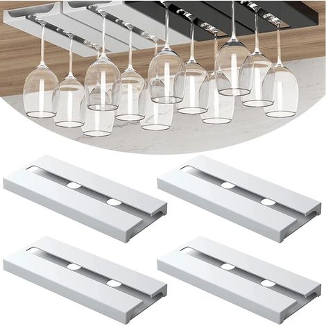 4 Pièces Porte Verre à Vin Suspendu, Support de Verre à Vin Sous Armoire Sans Perçage Porte-Verres à Pied Suspendu Auto-adhésif Accroche-verres Pour étagère Pour Bar Cuisine Restaurant (Blanc) (1/5)