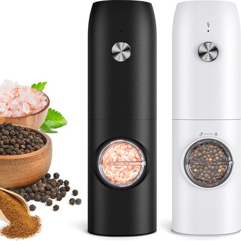 Moulin à Sel et Poivre Électrique - Rechargeable USB-C - Réglage 5 Niveaux de Mouture - Lumière LED Intégrée - Capacité 70 ml - Usage Cuisine - 2 Pièces (1/5)