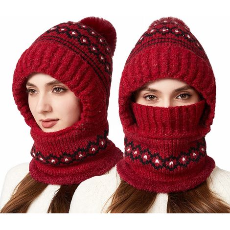 Balaclava - Bonnet Écharpe 3-en-1 Tricotée avec Doublure Pelucheuse - Couvre-visage Complet pour Activités Extérieures en Hiver - 1 Pièce (1/5)
