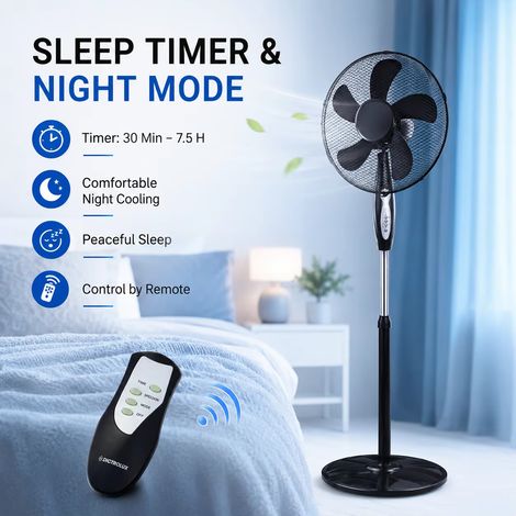 Ventilateur sur Pied 45W Ø43 cm avec Télécommande, 5 Pales, 3 Vitesses, 3 Modes, Minuterie, Oscillation, Hauteur Réglable (1/5)