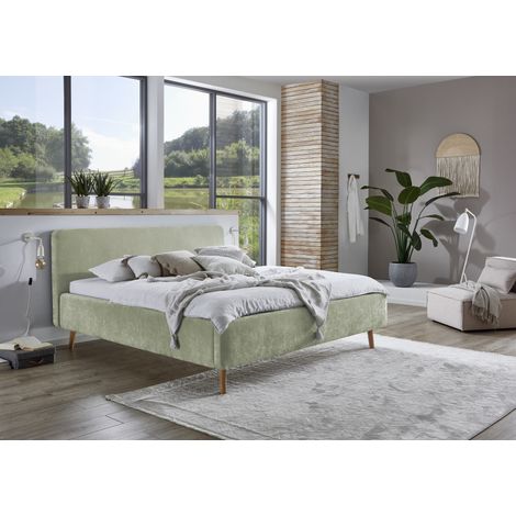 Meise Möbel Polsterbett Mattis 180x200 cm Doppelbett Bettgestell skandinavisches Kopfteil Strukturstoff Hellgrün Holzfuß eichefarbig (1/5)