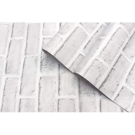 Papel pintado con estampado de ladrillo blanco/gris, 45 cm x 10 m, autoadhesivo, removible, duradero, fácil de instalar, para decoración de interiores. (1/5)