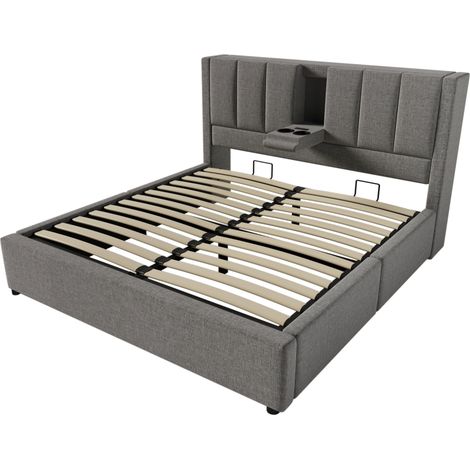 Cama con almacenaje 140x190 cm en lino gris, USB, Type-C y portavasos, somier incluido (1/5)