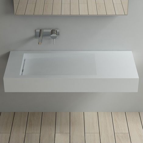 Distribain – Plan vasque suspendue solid surface 1200 x 500 x 150 mm – Évacuation latérale – Fixations murales fournies – Finition mat blanche