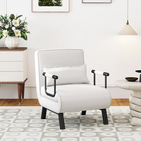 COSTWAY Fauteuil Convertible 1 Place, Fauteuil-Lit Chauffeuse 4-en-1 Dossier Réglable 6 Position, Oreiller, Siège Rembourré, Accoudoirs, Cadre Métal, Canapé-Lit Pliant pour Maison, Bureau (Blanc) (1/5)