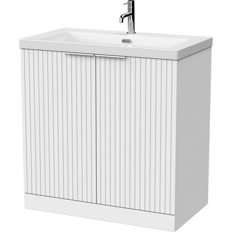 Callingwood Contemporary Floor Standing 2 Door Vanity Unit with 1 Tap Hole Fireclay Basin , 800mm, Matt White (1/4)