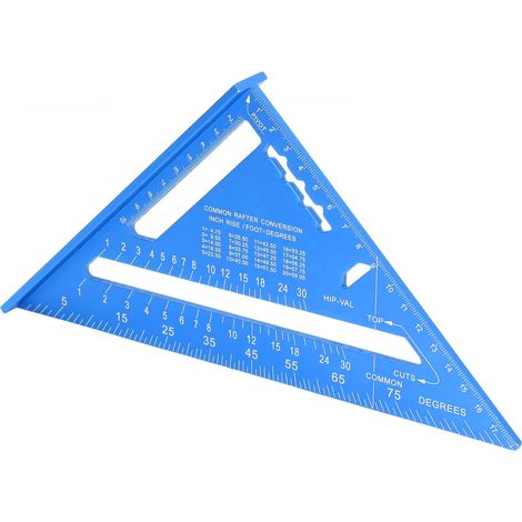 Équerre de menuisier triangulaire en aluminium anodisé bleu, règle de mesure précise avec graduation claire, outil de traçage professionnel pour charpente et bricolage. (1/5)