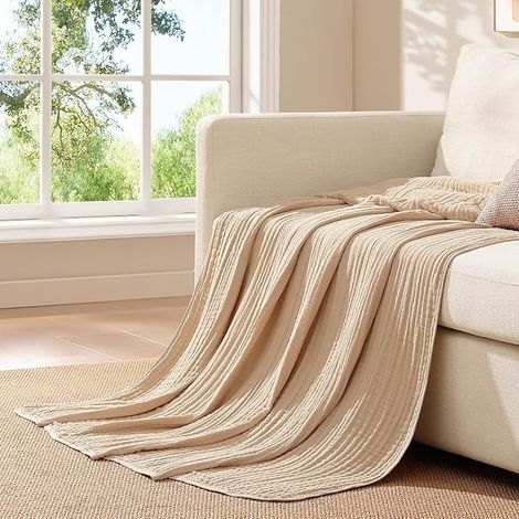 Cotton Muslin Blanket, Soft and Fluffy Blanket, Lightweight Gauze Blanket for Adults, Babies and Children, 135 x 200 cm, Beige, Breathable and Soft, Skin-Friendly (1/5)