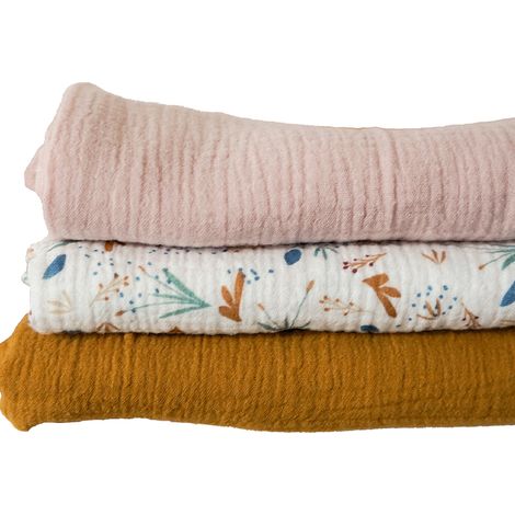 Lot de 3 langes Bambou - DOMIVA - 1 Imprimé + 2 Uni - Rose caramel - 60x60 cm (1/2)