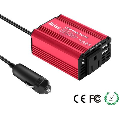 Convertisseur de puissance en métal 150 W, 12 V vers 240 V, chargeur allume-cigare avec 1 prise européenne et 2 ports USB pour voiture et camion - Rouge (1/2)