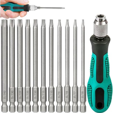 – Jeu de 11 tournevis torx T6-T40 – Tige hexagonale 100mm – Compatible avec visseuses manuelles et électriques – Embouts S2 1/4 pouce