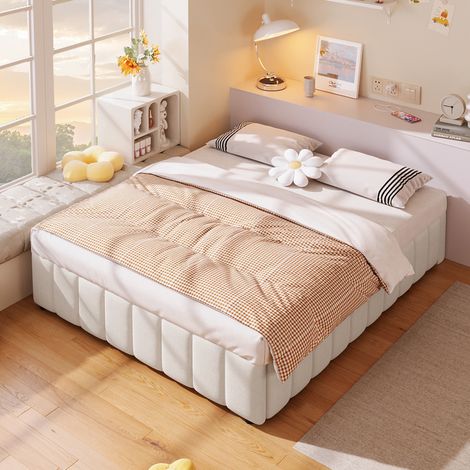 Cama doble con almacenamiento hidráulico beige OKMYHOME (1/5)