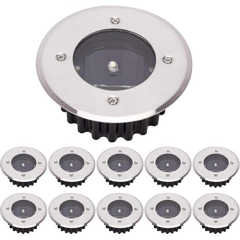 Lot de 10 lampes solaires LED encastrées au sol, éclairage extérieur, éclairage public, lampe enterrée, étanche IP65 (blanc froid, ronde) [Classe énergétique A+] (1/5)