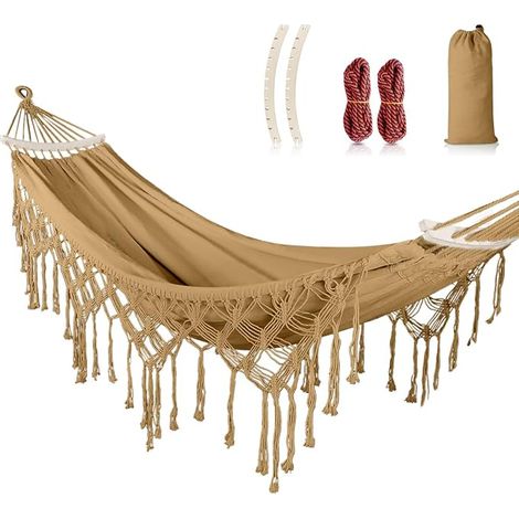 Outdoor Hammock Hanging Hammock with Fringe and Wooden Bar Anti-Tip for Garden, Camping, Patio (1/5)