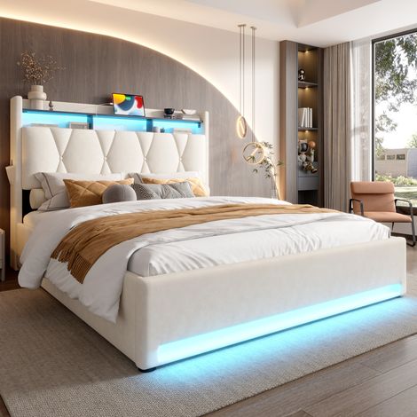 Bett 140x200 cm gepolstert aus beigem Samt mit Stauraum, LED, USB und Kopfteilregal (1/5)
