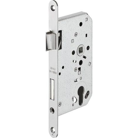 serrure à mortaiser porte d'entrée palière coupe-feu cylindre profil européen, Pêne demi-tour standard, largeur de têtière : 24 mm, pose : DIN à gauche, axe 65 mm, acier inoxydable (1/2)