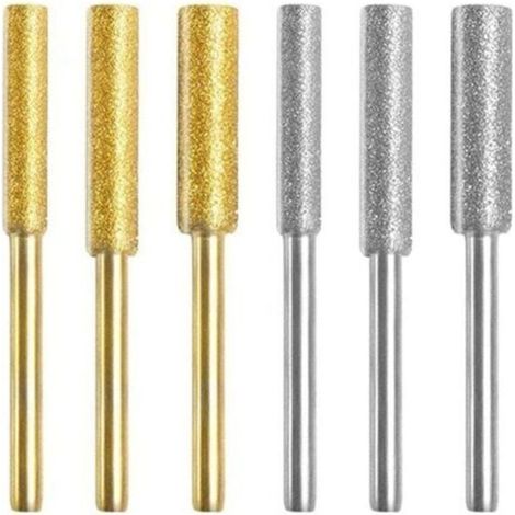 Diamant Affûteur de Tronçonneuse,Affûteur de Tronçonneuse Pierre Bits,Haute Dureté Titane Plaqué Burr Meule Meule, 6 PCS Pierres à Aiguiser avec 3 Tailles Différentes pour Affûter et Poncer (1/4)