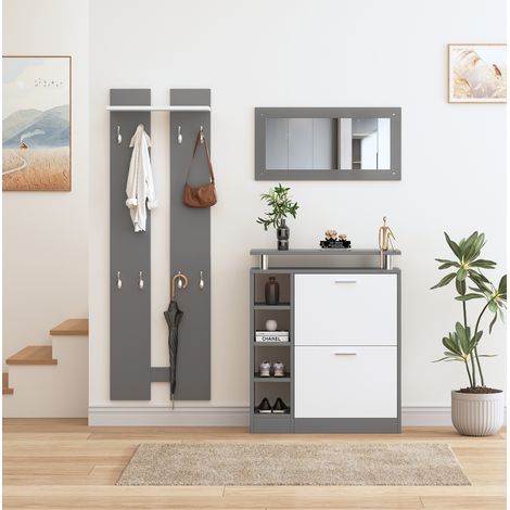 Meuble chaussures d'entrée 80 x 25 x 96,5 cm avec miroir et 2 panneaux muraux HAVRYA (1/5)