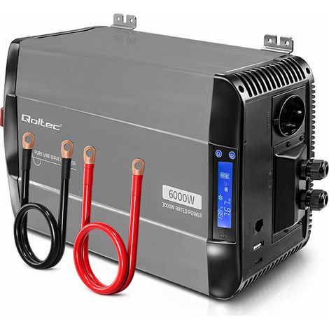 Convertidor de voltaje de onda sinusoidal pura Qoltec  12V a 230V  3000/6000W  LCD  USB  USB-C  Compatible con LiFePO4 GEL (1/5)