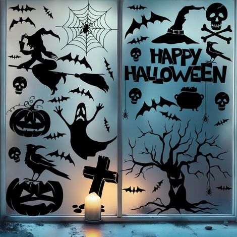 9 Feuilles Autocollants Halloween avec 104 Motifs – Stickers Fenêtres Double Face Réutilisables avec Chauves-Souris, Araignées & Fantômes – Déco Halloween pour Vitres, Portes & Miroirs (1/5)