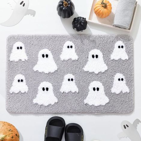 Tapis de salle de bain Halloween à motif fantôme mignon, tapis décor peluche douce antidérapant absorbant, tapis de sol saisonnier polyvalent pour douche, chambre, salon, entrée, décoration maison et (1/5)