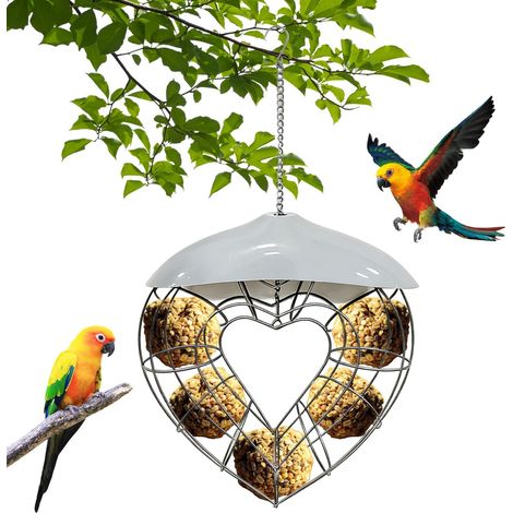 Mangeoire à Oiseaux Suspendue en Forme de Cœur Distributeur de Nourriture Extérieur avec Toit de Protection AntiPluie Support pour Boules de Graisse Métallique Décoration de Jardin (1/5)